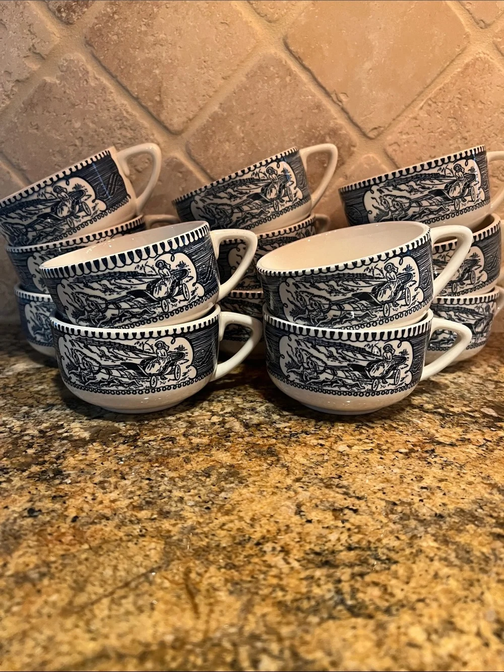 Set of 13 Vintage Royal Blue China Currier & Ives Coffee Cups Horse Buggy Mug